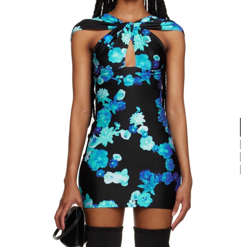Coperni Black Mini Dress with Blue Floral Print